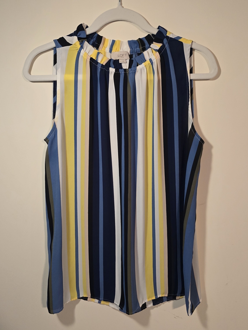 LOFT Striped Sleeveless Ruffle-Neck Top in Navy, Yellow, White & Blue